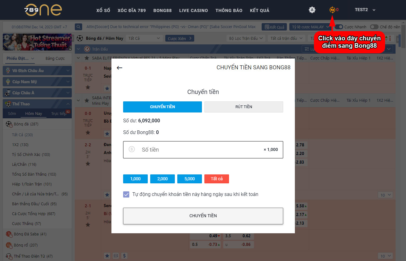 Chuyển điểm (tiền) vào cược Bong88